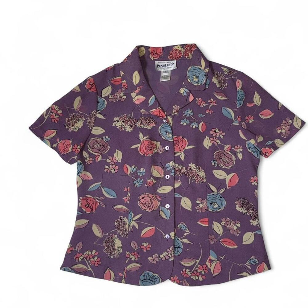 Vintage Pendleton Purple Floral Camp Collar Blouse Shirt size 8 Petite 90s